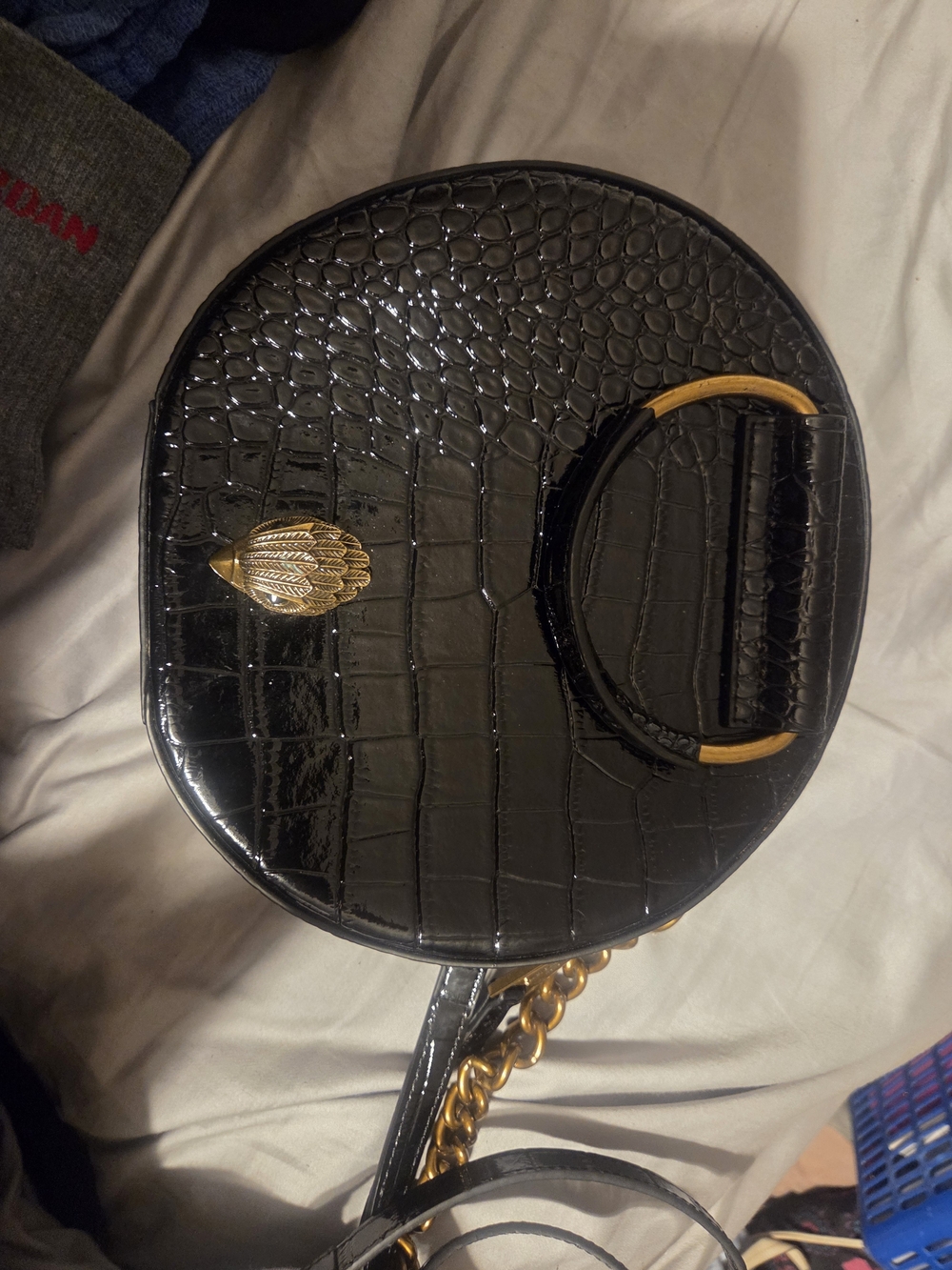 Kurt Geiger Black Croc-Embossed Round Crossbody with Gold Hardware